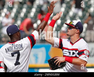 Chicago White Sox's Eloy Jimenez celebrates his two-run double during a  baseball game against the Houston Astros Monday, Aug. 15, 2022, in Chicago.  (AP Photo/Charles Rex Arbogast Stock Photo - Alamy