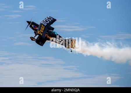 Jon Melby, piloting his Pitts S-1B Muscle Bi-Plane, performs aerobatics during the 2022 Marine Corps Air Station Miramar Air Show at MCAS Miramar, San Diego, California, Sept. 24, 2022. Melby has been performing at air shows since 2001. The theme for the 2022 MCAS Miramar Air Show, “Marines Fight, Evolve and Win,” reflects the Marine Corps’ ongoing modernization efforts to prepare for future conflicts. Stock Photo