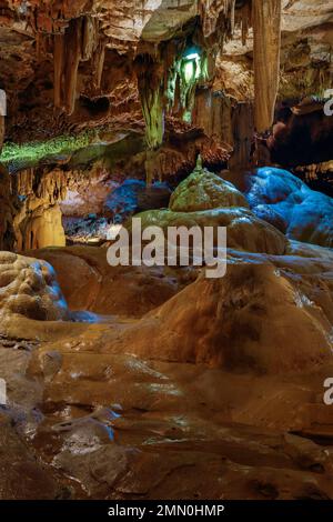 France, Pyrenees Atlantiques, Bearn, Saint Pe de Bigorre, Cave of Betharram, view of stalactites and stalagmites lit by contemporary lighting inside the cave Stock Photo