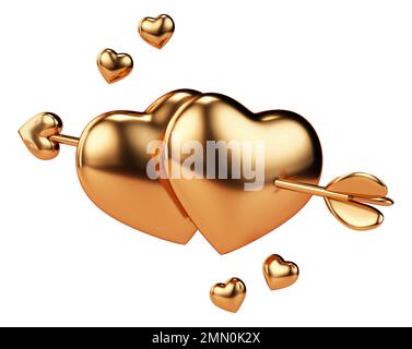 Two golden hearts pierced by an arrow isolated on a pink background in ...