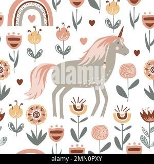 Magic seamless pattern with unicorn among doodle flowers in fairy garden. Vector illustration, Scandinavian style Stock Vector