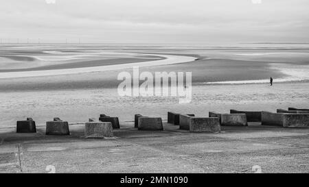 A lone man and his dog pictured in black and white at low tide on Meols beach on the Wirral in January 2023 behind raised sea defences. Stock Photo