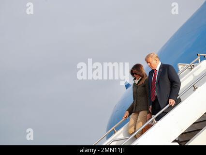 President Donald Trump and first lady Melania Trump during their arrival on Air Force One at Glasgow Prestwick Airport in Scotland, Friday, July 13, 2018. (AP Photo/Pablo Martinez Monsivais)