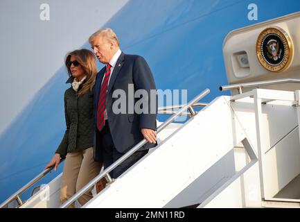 President Donald Trump and first lady Melania Trump during their arrival on Air Force One at Glasgow Prestwick Airport in Scotland, Friday, July 13, 2018. (AP Photo/Pablo Martinez Monsivais)