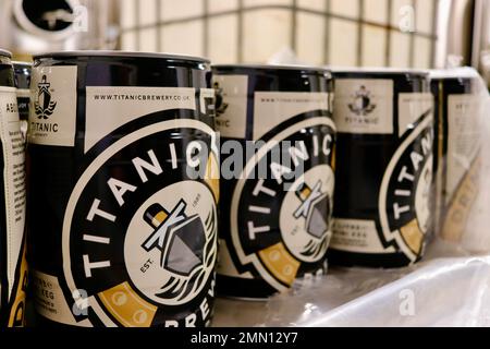 Mini kegs await filling with Titanic beer - The Titanic Brewery, Stoke-on-Trent, Staffordshire, UK Stock Photo