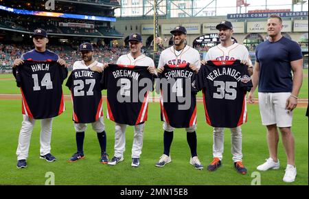 Houston Astros All-Stars Justin Verlander (35), George Springer (4), Alex  Bregman (2), Jose Altuve (27) and manager AJ Hinch pose before a baseball  game against the Oakland Athletics Thursday, July 12, 2018