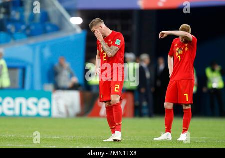 Belgium's Toby Alderweireld (left) and Kevin De Bruyne exchange words ...