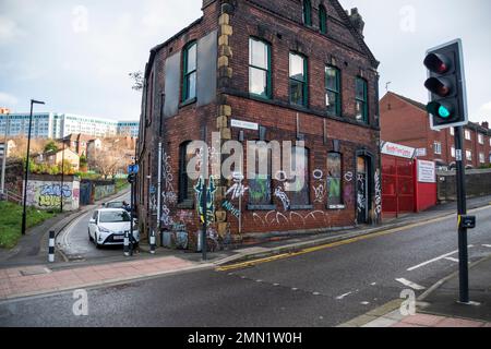 Yorkshire, UK – 21 Dec 2020: Graffiti on an empty property, Duke Street, Sheffield Stock Photo