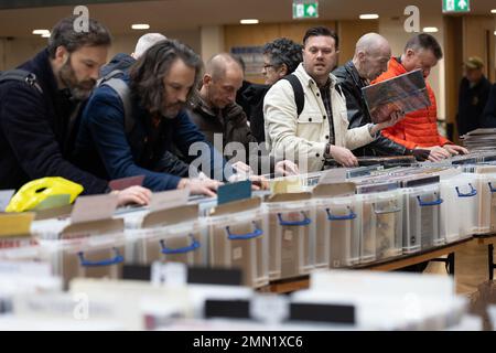 Vinyl record collectors attend London's biggest record fair, at RHS Lindley Hall and Lawrence Hall, central London, England, UK Stock Photo