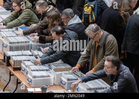 Vinyl record collectors attend London's biggest record fair, at RHS Lindley Hall and Lawrence Hall, central London, England, UK Stock Photo