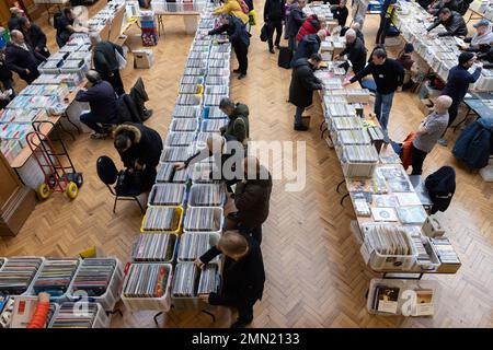 Vinyl record collectors attend London's biggest record fair, at RHS Lindley Hall and Lawrence Hall, central London, England, UK Stock Photo