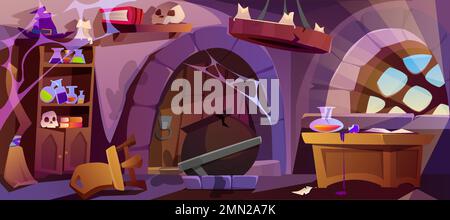 Cartoon abandoned witch house with broken furniture and crushed cauldron. Interior of wizard or empty sorceress room in medieval castle with spider webs, broomstick, hat and stuff for magic. Stock Vector
