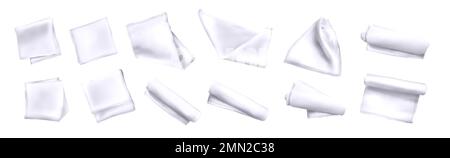 Vector realistic set of 3d kitchen towels or tablecloths in top view. Folded napkins, cotton textiles or fabric table clothes isolated on white background. Stock Vector