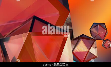 Red, orange, jewel-like angular deformed hexagonal three dimensional abstract dramatic passionate luxurious modern 3D rendering graphic design element Stock Photo