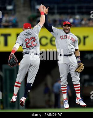 Cleveland Indians' Jason Kipnis, left, and Rajai Davis celebrate