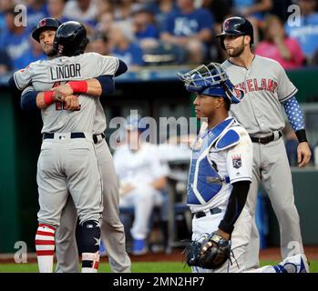 Kansas City Royals batter Salvador Perez (13) argues with home plate umpire  Sean Barber after being called out on strikes during the ninth inning of a  baseball game against the Chicago White