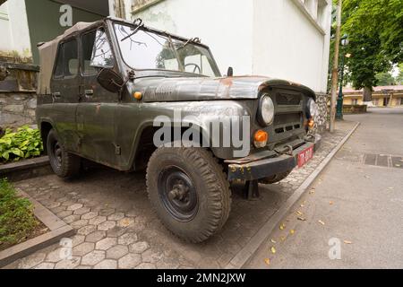 Hanoi, Vietnam, January 2023. OLd military vehicles outside of the General Command Headquarters Bunker historical site inside the Thăng Long Imperial Stock Photo