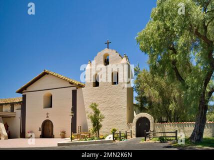 Church facade and bell tower at Mission Santa Ines near Solvang, California, USA Stock Photo