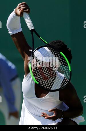 Venus Williams of the US plays a return to Donna Vekic of Croatia
