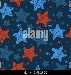 Seamless pattern of sea stars on a blue background. Stock Vector