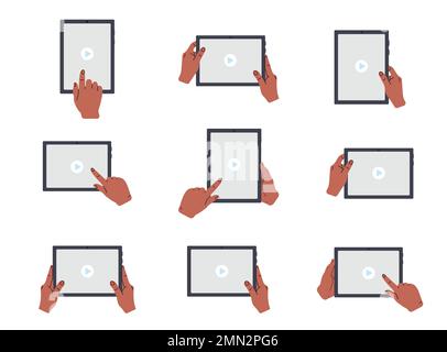 hands holding a tablet PC horizontally and vertically while watching a video. Doodle cartoon style. Stock Vector