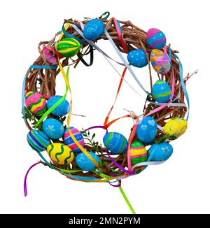 Easter wreath of vines and colored eggs isolated on white background. Festive decor on the door and in the house. Spring holiday decoration. Decorated yellow blue egg. Wreath of branches willow twigs Stock Photo