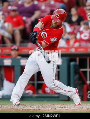 CHICAGO, IL - AUGUST 14: Cincinnati Reds catcher Tucker Barnhart (16)  singles in the 4th inning during an MLB game between the Cincinnati Reds  and the Chicago Cubs on August 14, 2017