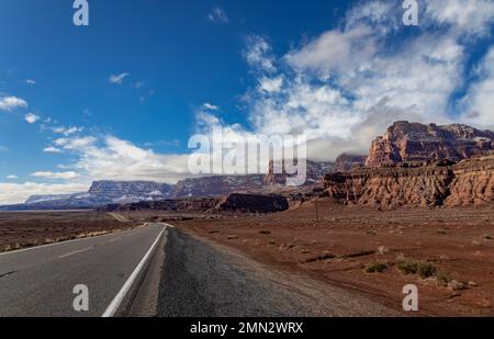 Highway 89a In Marble Canyon AZ With Snow Covered Vermilion Cliffs In Background Stock Photo