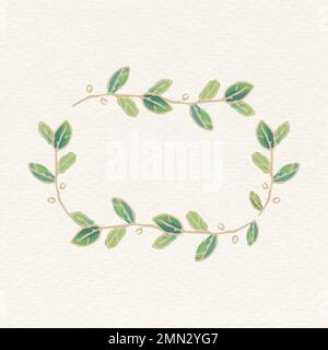 Gold rectangle frame sticker, green doodle leaf illustration vector Stock Vector