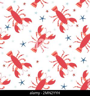 Seamless patternwith lobsters and sea stars. Cartoon cute lobster. Stock Vector