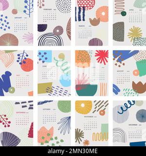 Floral 2022 monthly calendar template, abstract memphis vector set Stock Vector