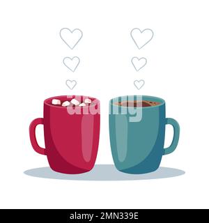 Cute cups of coffee in love. Together forever. Happy Valentine's Day concept. Vector illustration in flat cartoon style. Stock Vector