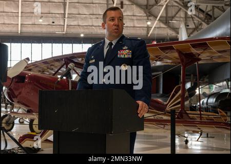 Lt. Col. Josef Trainor, 26th Intelligence Squadron commander, speaks on behalf of his squadron at Wings Over the Rockies Air and Space Museum Lowry, Colo., Sep. 26, 2022. The 26th IS’s mission will be to deliver world class geospatial and integrated intelligence built by empowered, resilient and innovative airmen and guardians. Stock Photo