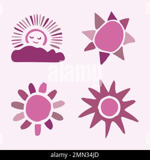 Cute whimsical sun and moon set of vector motifs. Illustration of night and day sky collection for children clipart.  Stock Vector