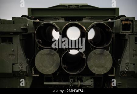 Two Reduced-Range Practice Rockets (RRPR), fired from an M142 High ...