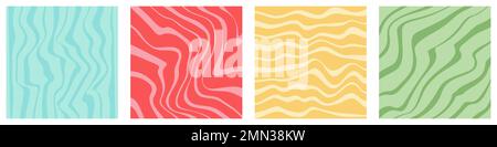 Wavy lines square templates set. 1970 retro groovy liquid lines background. Swirl psychedelic trippy textures. Aesthetic electric inspired strips. Vector illustration. Stock Vector