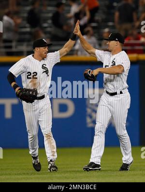 Chicago White Sox's Eloy Jimenez celebrates his two-run double during a  baseball game against the Houston Astros Monday, Aug. 15, 2022, in Chicago.  (AP Photo/Charles Rex Arbogast Stock Photo - Alamy