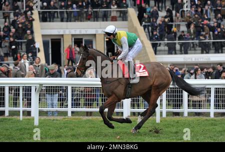 Race Three. The Glenfarclas Cross Country Chase.   Deise Aba ridden by Tom O'Brien on the way to the start.    Horse Racing at Cheltenham Racecourse, Stock Photo