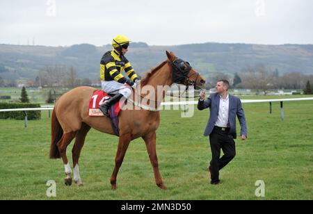 Race Three. The Glenfarclas Cross Country Chase.   Legends Ryde ridden by Gavin Sheehan at the start    Horse Racing at Cheltenham Racecourse, Prestbu Stock Photo