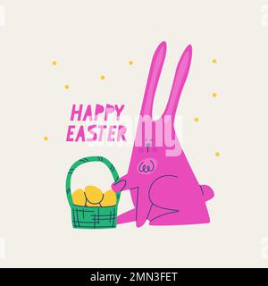 Cute pink bunny with a basket of Easter eggs. Happy Easter postcard. Vector multicolored trendy illustration. Stock Vector