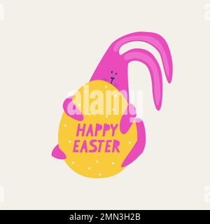A cute pink rabbit peeks out from behind a big Easter egg. Happy easter card. Vector multicolored trendy illustration. Stock Vector
