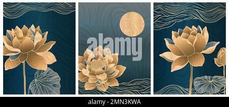 A minimalistic cards flower lotus with mountains and an art deco style. Smooth gold lines on a dark blue prestigious background. Stock Vector