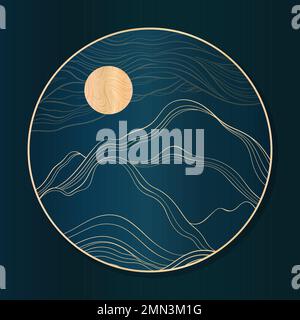 Round harmonious design with mountains and moon. Night landscape in gold and blue colors. Luxury design with elegant smooth lines. Stock Vector