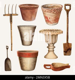 Vintage tools and pot vector illustration set, remixed from public domain collection Stock Vector