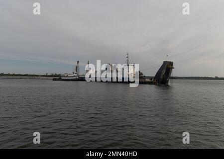 The dredge Savannah works to deepen the navigation channel of the Cooper River in Charleston, S.C. on September 27, 2022. The channel dredging is part of the Charleston Harbor Post 45 Deepening Project, which will make the Charleston Harbor deeper and wider to accommodate larger ships to call on the Port of Charleston. The project will make the channel the deepest on the East Coast of the United States at 52 feet. Stock Photo