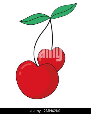 Cherry in the shape of a heart on a branch with leaves. Two cherries illustration vector. Fruit sticker icon. Stock Vector