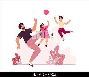 Fathers Day greeting card.Happy father Dad playing footbal with his children,girl and boy.Bright flat style picture for blogs and social media, greeti Stock Photo
