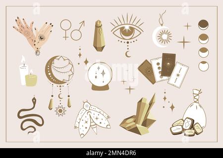 Witch magic symbols collection set.Esoteric,boho mystical elements,magic witchcraft crystals,eye,moon,tarot cards,runes,fortune telling vector illustr Stock Photo