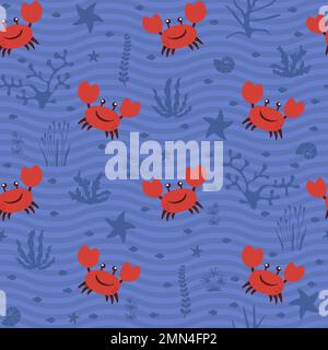 Cute cheerful crab with sea shells and coral vector seamless pattern. Stock Vector