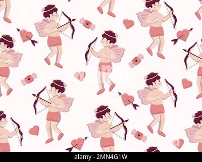 Valentine day concept seamless pattern with vector cute cartoon elements Cupid, letters with wings and hearts. Pink background for wrapping paper and Stock Vector